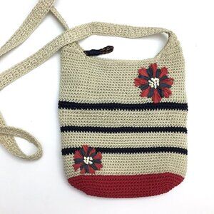 The Sak Ivory Crochet Crossbody Bag Blue Stripes Red Flowers Boho Hippie Purse